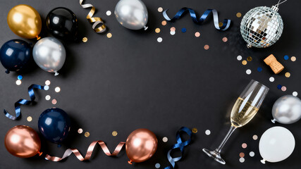 New Year party celebration luxurious background with metallic balloons, champagne flute, disco ball, and elegant copy space on black flat lay.