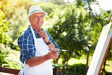Painting, canvas and portrait with old man in nature for creative project, inspiration and garden drawing. Retirement, artist and easel with senior person outdoor for botanical artwork and smile