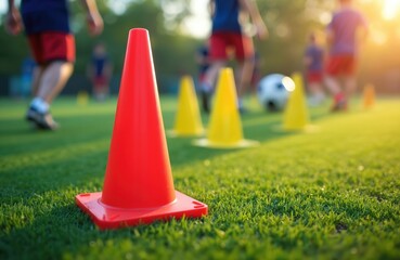 Red cone on green grass field for soccer training. Blurred child players practice drills with balls and cones in background. Active kids play sport during sunny day.