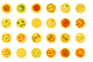 Different types of pasta dishes arranged neatly on white plates showcasing vibrant sauces and toppings for culinary inspiration