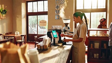 Family run Colombian cafe shows daughter preparing coffee and QR payment app. Parents serve pastries in warm morning light blending tradition and modern technology.