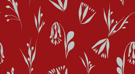 Holiday floral seamless pattern festive botanical motif on red background. Silhouette abstract flower for print design, wrapping paper concept.
