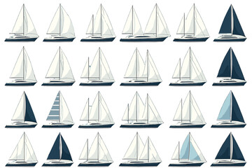 Collection of various sailboat designs showcasing diverse sail patterns and colors for nautical enthusiasts