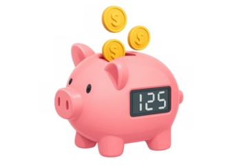Pink piggy bank with digital counter collecting gold coins, illustrating savings growth and money management