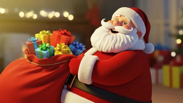 Animated depiction of a jolly man with a sack full of gifts holiday season concept