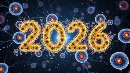 Year 2026 illuminated with cellular structures and futuristic digital elements