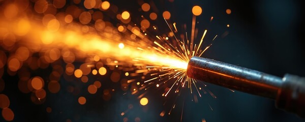Close up of welding torch creating bright orange sparks and glowing trails against dark background. Abstract bokeh effect from flying embers add dramatic visual appeal.