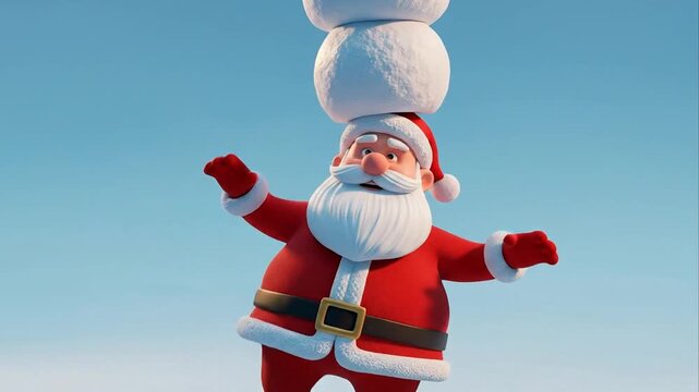 Animated figure balancing snowballs on head against blue backdrop