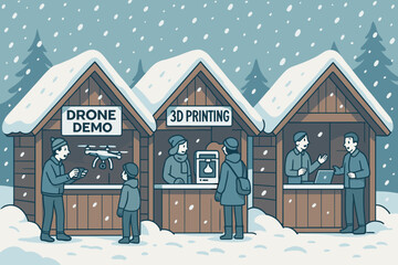 Winter technology fair showcases drone demonstrations and 3D printing experiences amidst falling snow