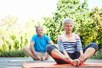 Senior couple, yoga and nature with mat for fitness, physical therapy or flexibility exercise. Elderly, man and woman in garden for spiritual wellness, pilates or meditation on outdoor patio or porch