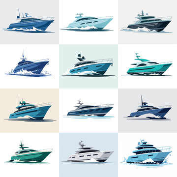 Collection of modern luxury yachts sailing on blue water