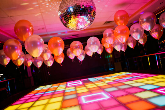 Energetic Party Celebration background with Disco Ball and illuminated Dance Floor, adorned with bright Balloons for New Year's Eve event design