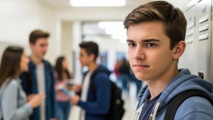 Teenage boy reflecting in school hallway amidst classmates in background
