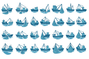 Various fishing boats in blue tones catching fish in serene waters during a calm day at sea
