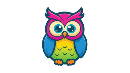 Naklejka premium Colorful cartoon owl with big eyes and vibrant feathers stands out.