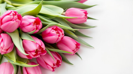 Close-up of a bouquet of vivid pink tulips lying diagonally on a white background