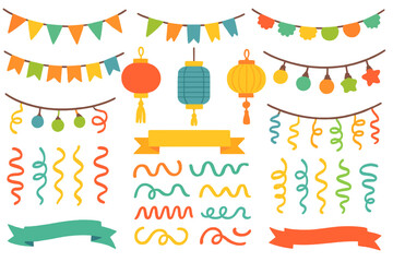 Colorful festive decorations for celebrations in various shapes and designs showcasing banners, lanterns, and spirals