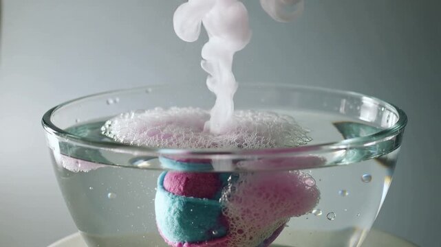 Colorful bath bomb dissolving in water creating bubbles and steam  