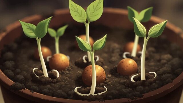 New green sprouts emerging from soil in a terracotta pot  
