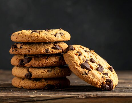 Close-up of six chocolate chip cookies stacked and arranged on a rustic wooden surface, with a dark background