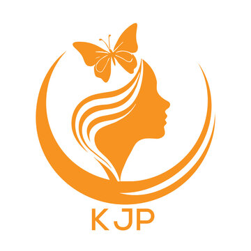 KJP Elegant Woman Beauty Logo with Butterfly. KJP Feminine Hair Salon Branding. KJP  Modern Beauty Icon.
