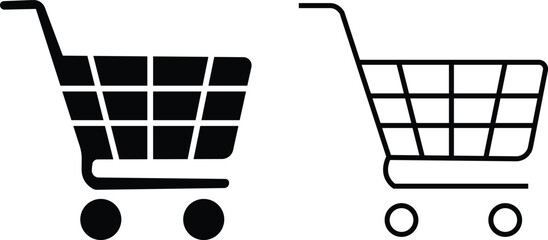 Shopping cart icon set collection group in black flat and line style, retail trolley basket symbol pack with ecommerce market store shopping outline graphics, commercial purchase UI elements