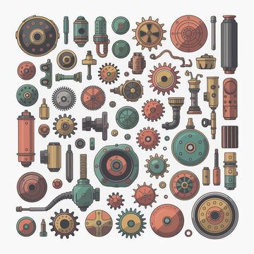 Collection of steampunk gears cogs and mechanical components