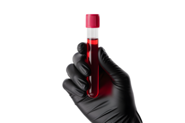 Hand wearing black glove holding a medical test tube filled with red liquid isolated on transparent background