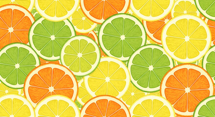 Obraz premium Colorful Citrus Slices Vector Pattern: Lemon, Lime, and Orange