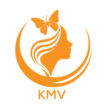 KMV Elegant Woman Beauty Logo with Butterfly. KMV Feminine Hair Salon Branding. KMV  Modern Beauty Icon.
