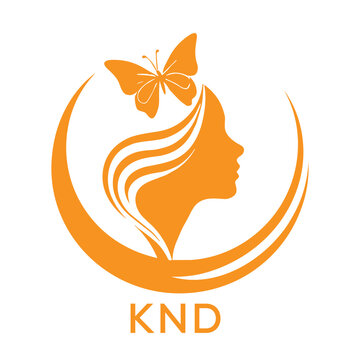 KND Elegant Woman Beauty Logo with Butterfly. KND Feminine Hair Salon Branding. KND  Modern Beauty Icon.

