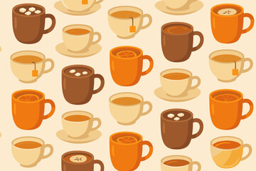 Warm drinks in various cups arranged in a playful pattern on a light background