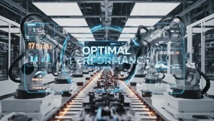 Automated robotic arms in a futuristic factory assembly line with digital data visualizations on a screen overhead