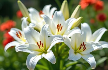 Fototapeta premium Elegant white lily flowers bloom in sunny day. Lilium candidum blossoms on green floral background. Summer lilies with petals and stamen. Floral greeting card design element. White flowers bouquet.