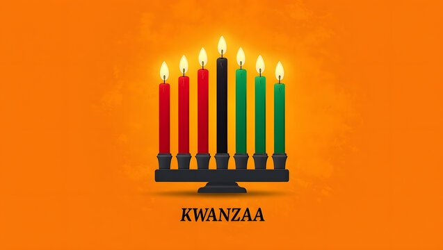 Kwanzaa kinara with lit candles on orange background