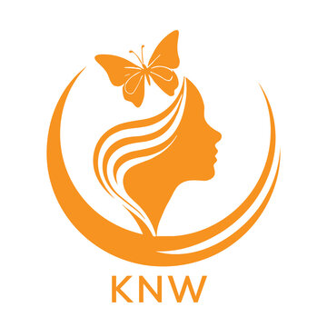 KNW Abstract Beauty Logo. KNW Female Face and Butterfly. KNW Symbol in Orange Color.
