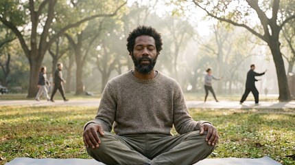 A serene man practices meditation in a park setting, embracing mindfulness and inner peace. The atmosphere conveys tranquility with a soft focus on individuals practicing Tai Chi in the background.