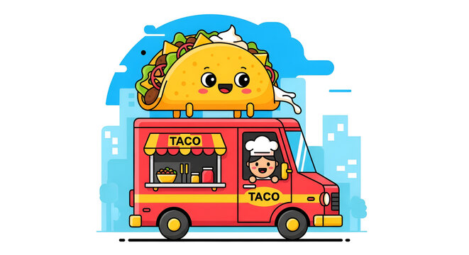Happy Taco Mascot Riding a Food Truck Vector Graphic