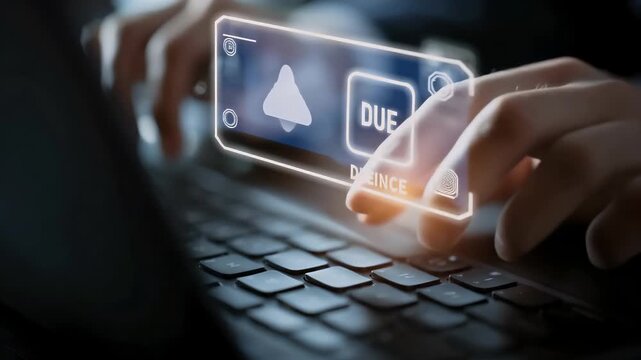 Close Up Of Hands Typing On Laptop With Futuristic Interface Displaying Due Date