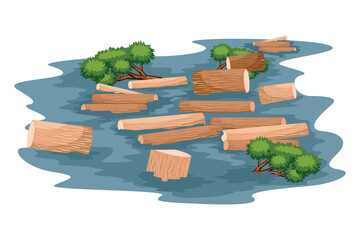 Vector illustration of cut logs and small bushes floating on water, depicting nature and deforestation elements.