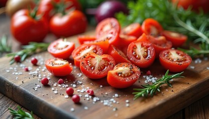 Fresh red ripe tomatoes sliced in halves on rustic wooden cutting board. Coarse sea salt, black pepper season juicy veggies. Green rosemary sprigs, red berries decorate healthy vegan meal