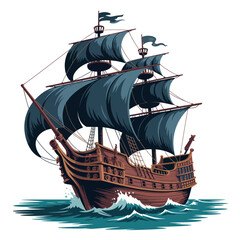 A majestic tall ship with dark sails navigates the ocean waves © SnapArtStock