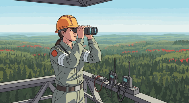 Forest Warden Overseeing the Dense Woods from the Lookout Tower Using Binoculars