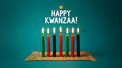 Happy kwanzaa with seven lit candles on a dark teal background