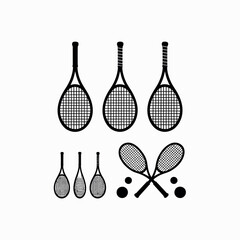 Collection of tennis rackets and balls in a simple line art style