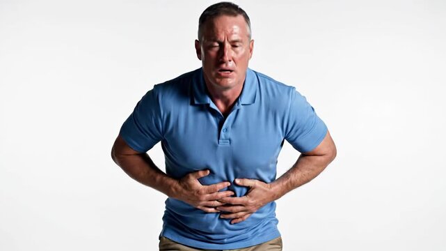 Middle-Aged Man Experiencing Abdominal Pain and Distress on a White Background