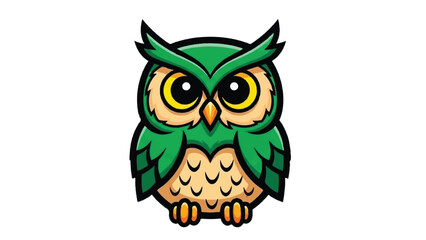Obraz premium Cartoon Owl with Green Feathers and Yellow Eyes Staring Forward.