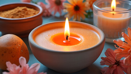 Warm glowing candle with floral accents and spices for relaxation