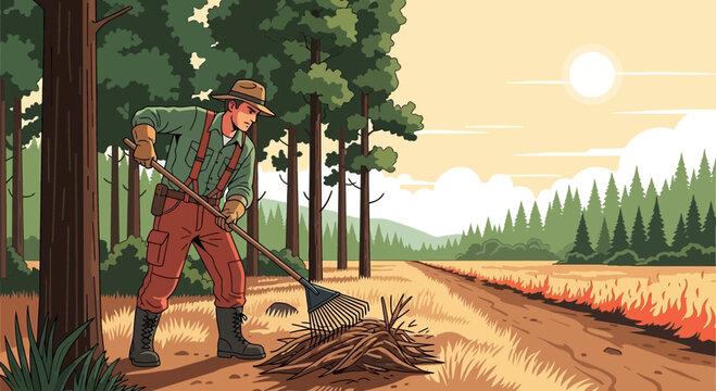 Forest conservation worker raking leaves and brush to prevent fires in the woods - Powered by Adobe