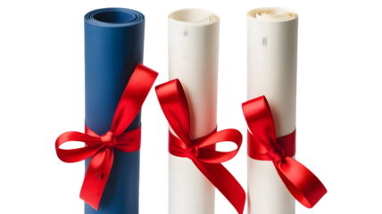 Three rolled diplomas or certificates tied with red satin ribbons isolated on transparent background